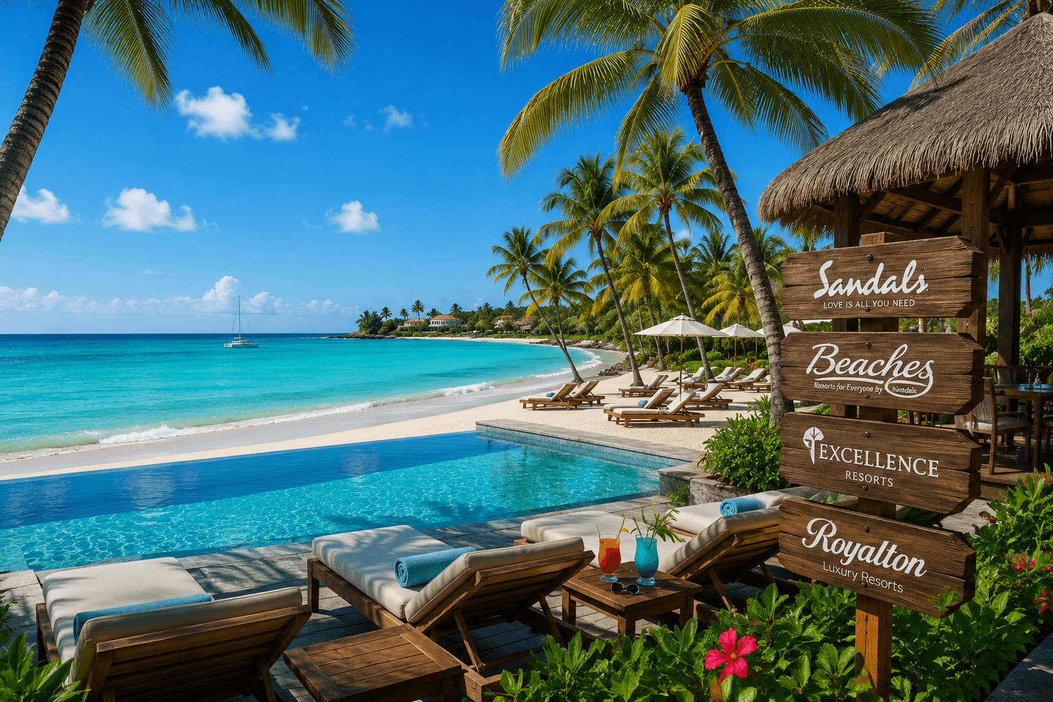 Couple at an all-inclusive Caribbean resort — turquoise pool and beach