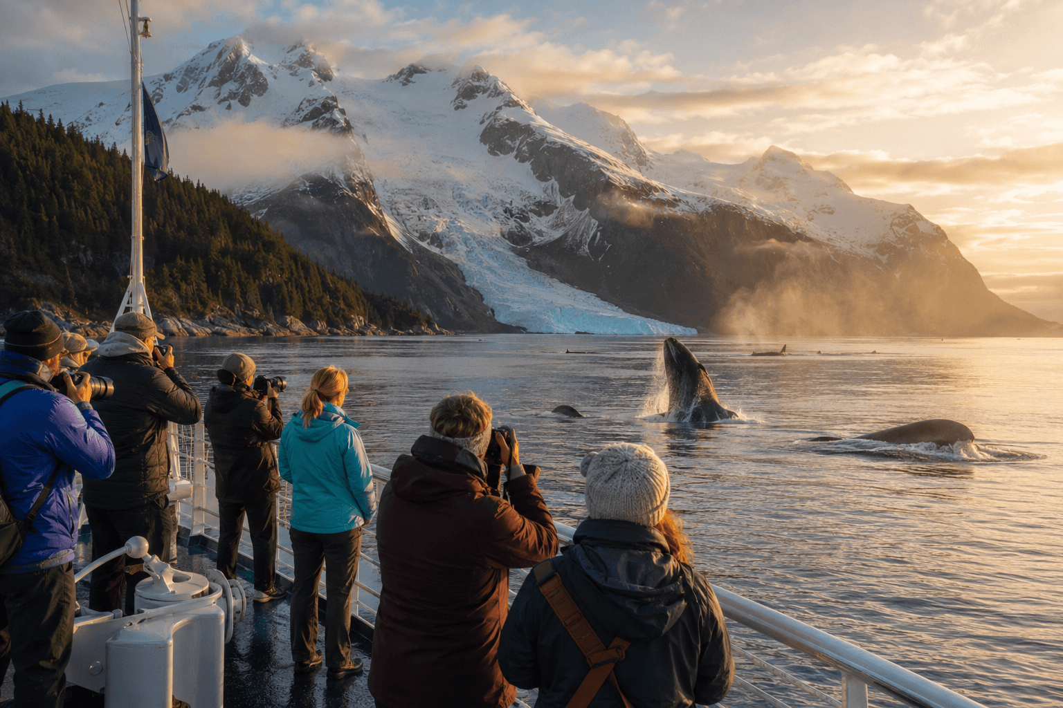 Glacier calving into the sea in Glacier Bay, Alaska with a small expedition ship nearby