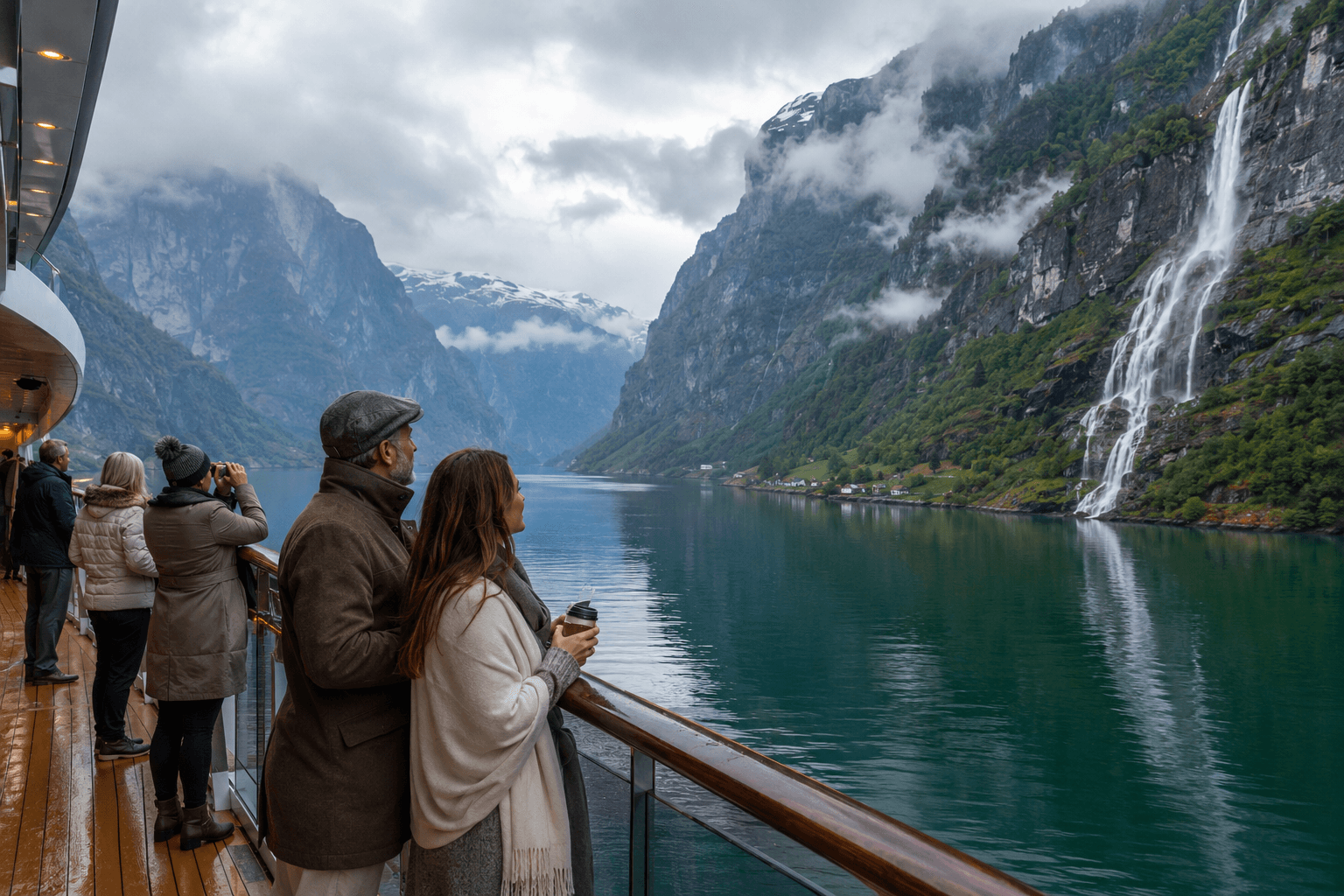 Small cruise ship sailing through a dramatic Norwegian fjord with steep green cliffs and waterfalls