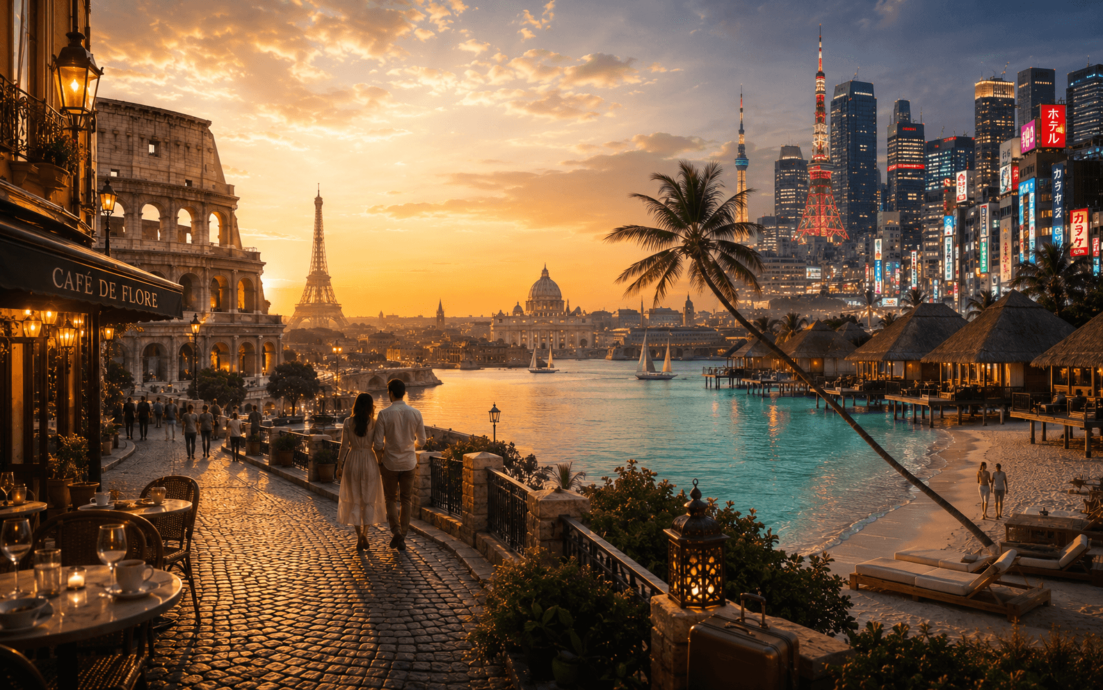 A couple walking past the Colosseum, Eiffel Tower, and overwater bungalows — destinations planned by Luv to Travel