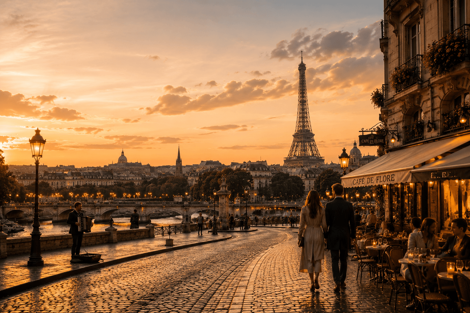 The Eiffel Tower at dusk reflected in the Seine, Paris, France
