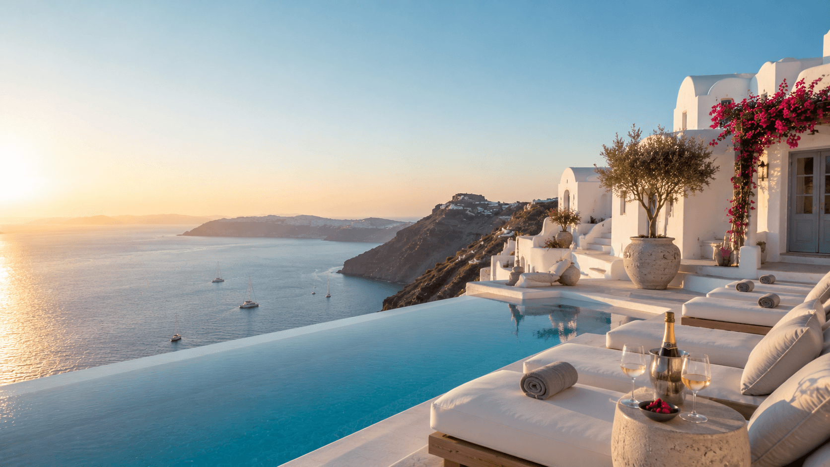 White-washed buildings with blue domes overlooking the caldera in Santorini, Greece