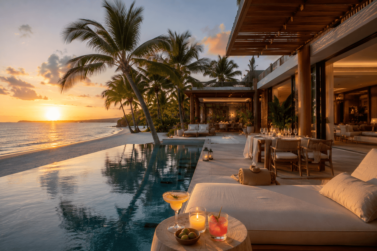 Beachfront villa with private pool and palm trees on the Riviera Maya, Mexico