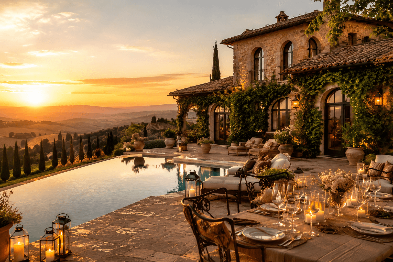 Hilltop villa estate above the Tuscan hills with terracotta rooftops and vineyard views