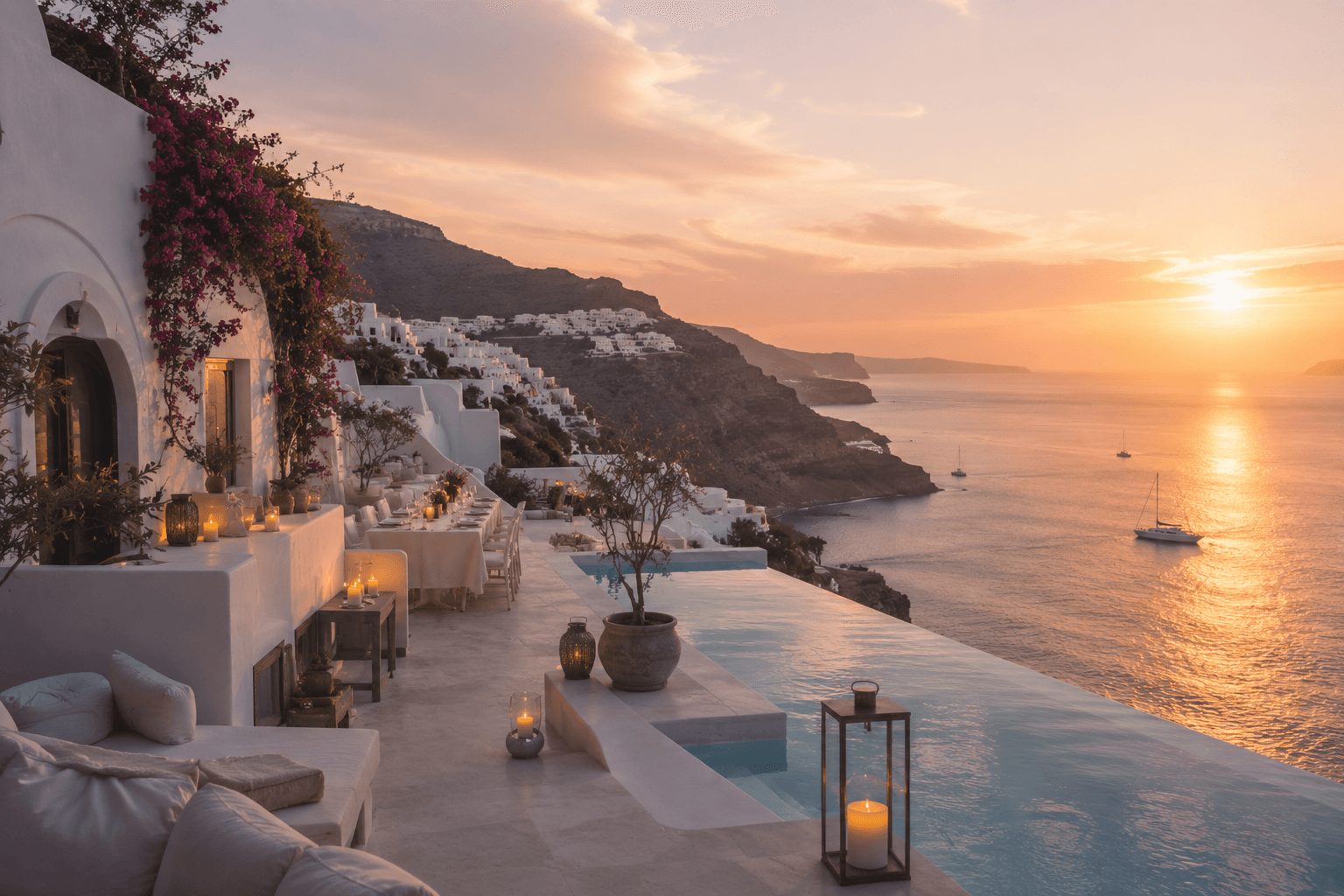 Destination wedding ceremony in Santorini, Greece with Aegean Sea backdrop